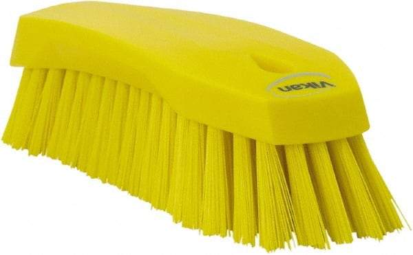 Vikan - 1.3" Bristle Length, Polyester Utility Scrub Brush - 7" Long x 3" Wide Head, 8" OAL, Yellow, Polypropylene Block - Top Tool & Supply