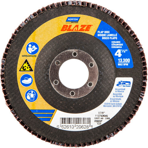 ‎4-1/2 × 7/8″ Blaze Fiberglass HD Flat Flap Disc Type 27 40 Grit R980P Premium Ceramic Alumina - Top Tool & Supply