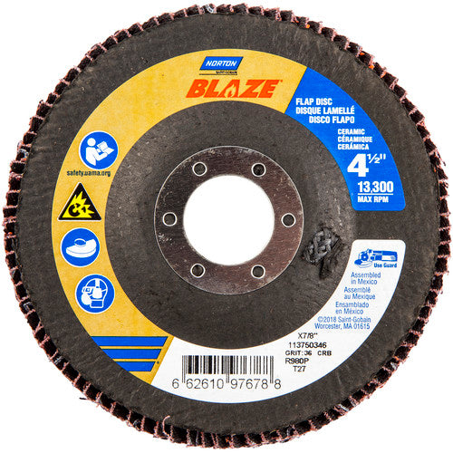 ‎4-1/2 × 7/8″ Blaze Fiberglass HD Flat Flap Disc Type 27 36 Grit R980P Premium Ceramic Alumina - Top Tool & Supply