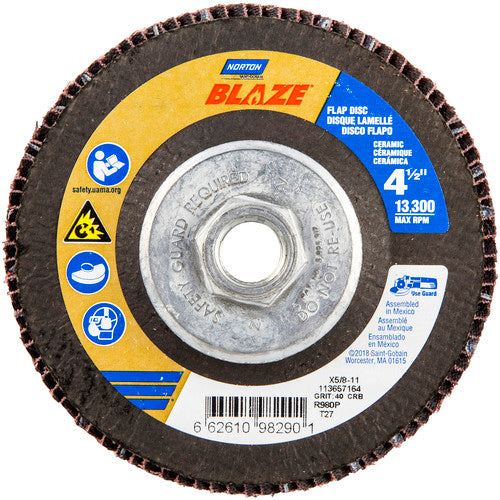 ‎4-1/2 × 5/8 - 11″ Blaze Fiberglass HD Flat Flap Disc Type 27 40 Grit R980P Premium Ceramic Alumina - Top Tool & Supply