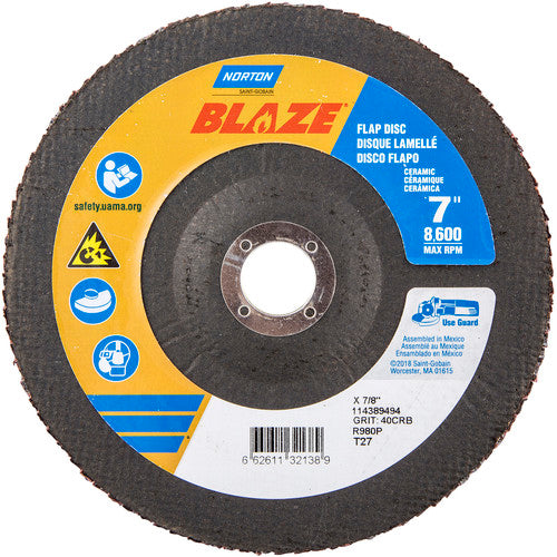 7 × 7/8″ Blaze Fiberglass HD Flat Flap Disc Type 27 40 Grit R980P Premium Ceramic Alumina - Top Tool & Supply