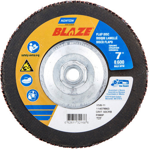 ‎7 × 5/8 - 11″ Blaze Fiberglass HD Flat Flap Disc Type 27 60 Grit R980P Premium Ceramic Alumina - Top Tool & Supply