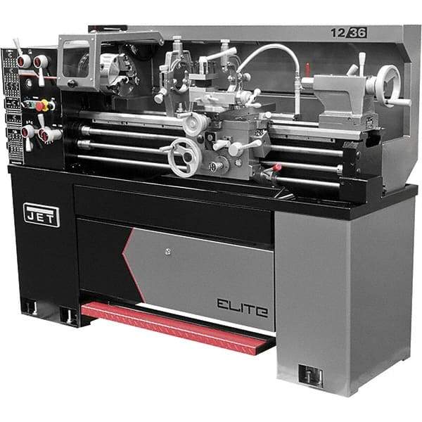 Jet - 12" Swing, 36" Between Centers, 230 Volt, Single or Triple Phase Engine Lathe - 2 hp, 1-9/16" Bore Diam, 30" Deep x 60" High x 71" Long - Top Tool & Supply