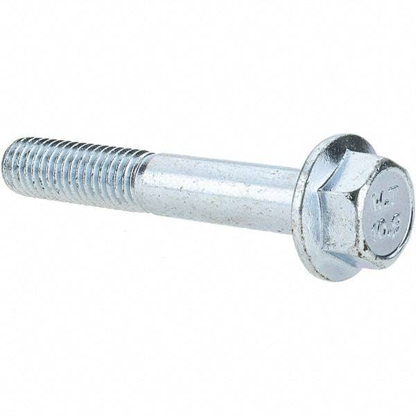 Made in USA - M8x1.25 Metric Coarse, 50mm Length Under Head, Hex Drive Flange Bolt - 30mm Thread Length, Grade 10.9 Alloy Steel, Smooth Flange, Zinc-Plated Finish - Top Tool & Supply