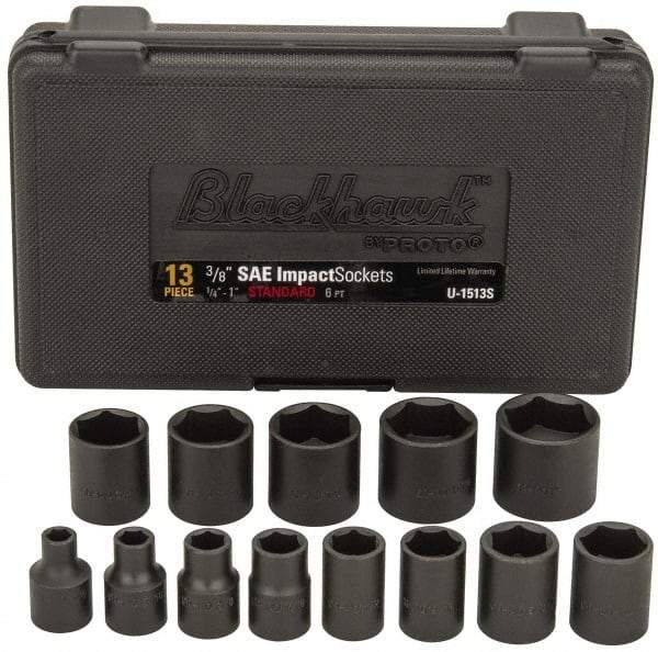 Blackhawk by Proto - 13 Piece 3/8" Drive Black Finish Impact Socket Set - 6 Points, 1/4" to 1" Range, Inch Measurement Standard - Top Tool & Supply