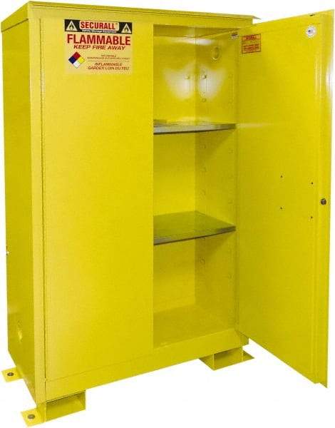 Securall Cabinets - 2 Door, 2 Shelf, Yellow Steel Standard Safety Cabinet for Flammable and Combustible Liquids - 69" High x 43" Wide x 18" Deep, Manual Closing Door, 3 Point Key Lock, 45 Gal Capacity - Top Tool & Supply