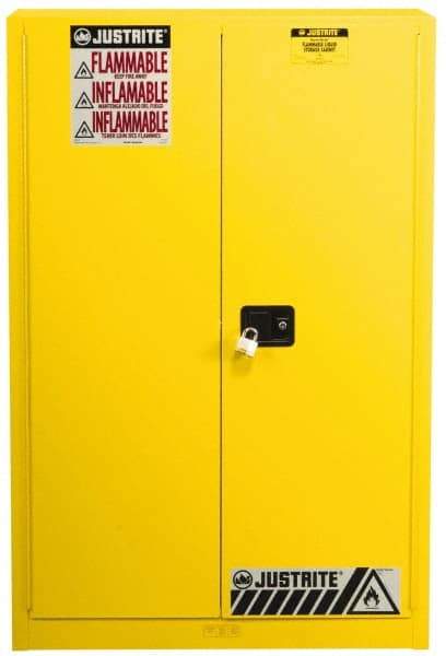 Justrite - 2 Door, 5 Shelf, Yellow Steel Standard Safety Cabinet for Flammable and Combustible Liquids - 65" High x 43" Wide x 18" Deep, Manual Closing Door, 3 Point Key Lock, 60 Gal Capacity - Top Tool & Supply