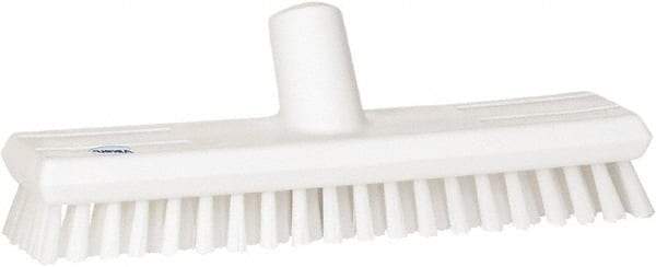 Vikan - 1" Bristle Length, Polyester Scrub Brush - 10-5/8" Long x 2-1/2" Wide Head, 11" OAL, European Threaded Handle, White, Polypropylene Block - Top Tool & Supply