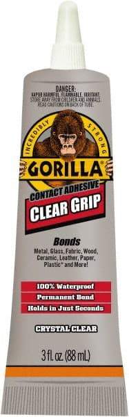 Gorilla Glue - 3 oz Tube Clear Contact Adhesive - 1 to 5 min Working Time, 24 hr Full Cure Time, Bonds to Masonry, Ceramic, Concrete, Fabric, Glass, Leather, Metal, Paper, Rubber, Velcro & Wood - Top Tool & Supply