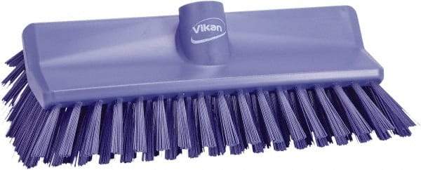 Vikan - 1-1/2" Bristle Length, Polyester Scrub Brush - 10" Long x 5-1/2" Wide Head, 10-25/64" OAL, European Threaded Handle, Purple, Polypropylene Block - Top Tool & Supply