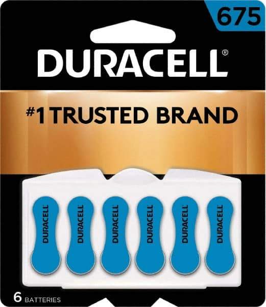 Duracell - Size 675, Zinc Air, 6 Pack, Hearing Aid Battery - 1.4 Volts, Flat Terminal, PR44, ANSI 7003ZD Regulated - Top Tool & Supply