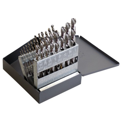 ‎1/16-3/8 LHS / LHC HSS 118 Degree Radial Point Left Hand Helix Jobber Length Drill Set - Bright - Exact Industrial Supply