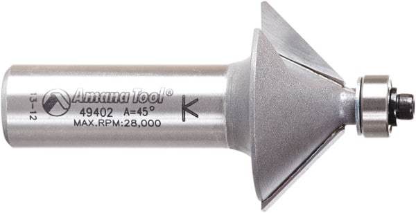 Amana Tool - 1-1/4" Cut Diam, 1/2" Length of Cut, 2 Flute Chamfer Edge Profile Router Bit - Carbide-Tipped, 1/2" Shank Diam, 2-3/8" OAL, Uncoated - Top Tool & Supply