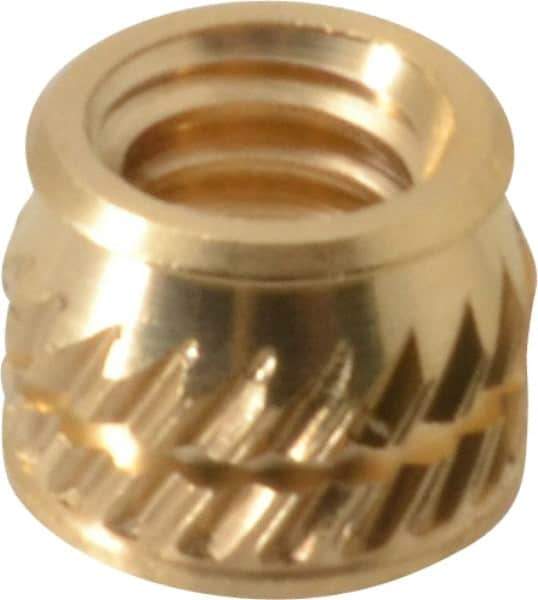 E-Z LOK - #8-32, 0.226" Small to 0.234" Large End Hole Diam, Brass Single Vane Tapered Hole Threaded Insert - 1/4" Insert, 0.23" Pilot Diam, 0.185" OAL, 0.133" Min Wall Thickness - Top Tool & Supply