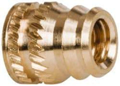 E-Z LOK - #6-32, 0.185" Small to 0.206" Large End Hole Diam, Brass Double Vane Tapered Hole Threaded Insert - 0.22" Insert, 0.19" Pilot Diam, 1/4" OAL, 0.116" Min Wall Thickness - Top Tool & Supply