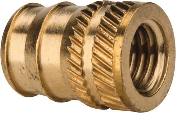 E-Z LOK - 1/4-28, 0.321" Small to 0.363" Large End Hole Diam, Brass Double Vane Tapered Hole Threaded Insert - 3/8" Insert, 0.332" Pilot Diam, 1/2" OAL, 0.194" Min Wall Thickness - Top Tool & Supply