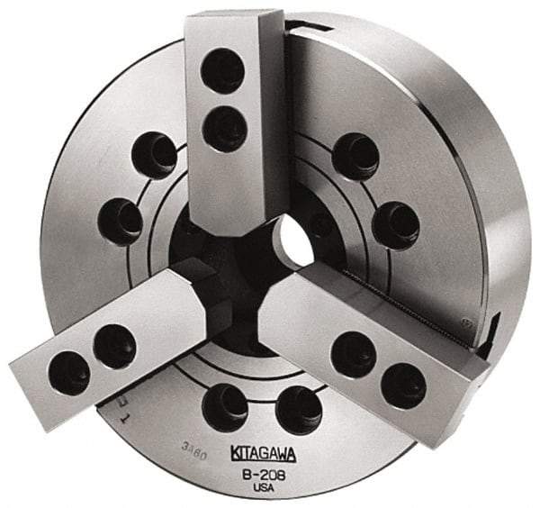 Kitagawa - 3 Jaws, 12" Chuck Diam, Plain Back Mount, 3.5827" Through Hole, Drawbar, Hydraulic Power Lathe Chuck - 31,718 Lb Force per Jaw, 1.5mm x 60 Serrated Jaw Interface, 34mm to 304mm Jaw Capacity, 3,300 RPM, High Speed Steel Body - Top Tool & Supply