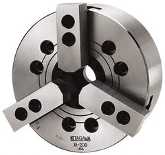 Kitagawa - 3 Jaws, 6" Chuck Diam, Plain Back Mount, 1.7717" Through Hole, Drawbar, Hydraulic Power Lathe Chuck - 12,555 Lb Force per Jaw, 1.5mm x 60 Serrated Jaw Interface, 16mm to 169mm Jaw Capacity, 6,000 RPM, High Speed Steel Body - Top Tool & Supply