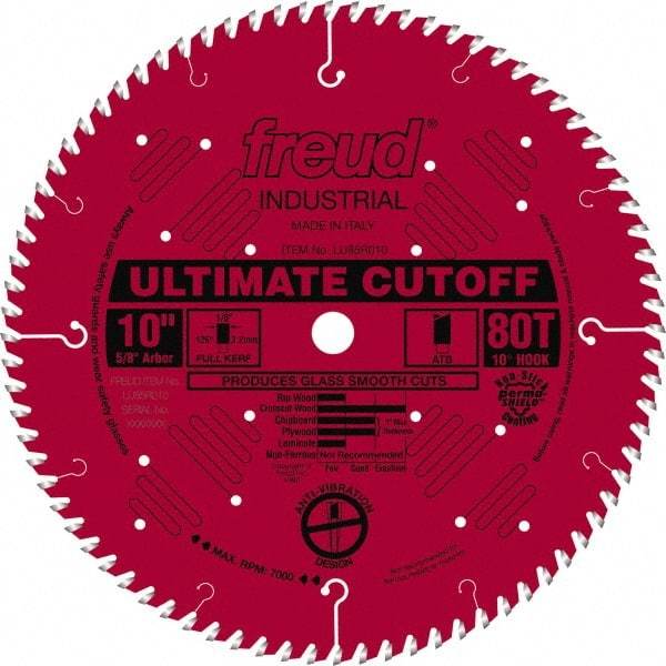 Freud - 10" Diam, 5/8" Arbor Hole Diam, 80 Tooth Wet & Dry Cut Saw Blade - Carbide-Tipped, Standard Round Arbor - Top Tool & Supply