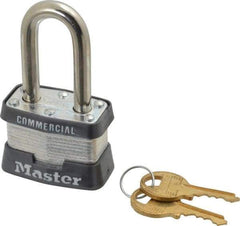 Master Lock - 1-1/2" Shackle Clearance, Keyed Different Padlock - 5/8" Shackle Width, 9/32" Shackle Diam, Laminated Steel - Top Tool & Supply