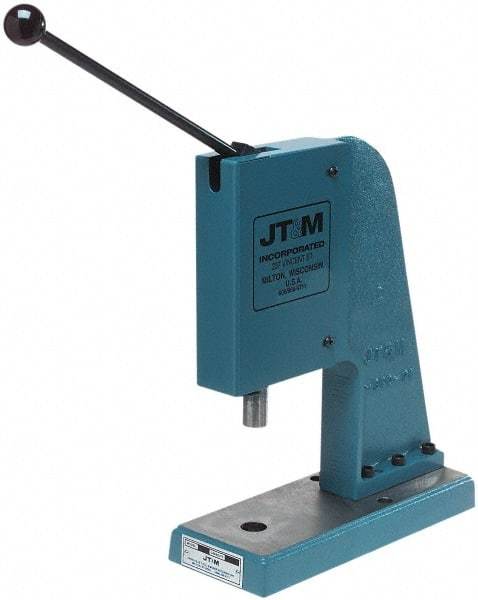 JT&M - 1" Ram, 4-3/4" Throat Depth, 2 Ton Manual Arbor Press - 5-15/16" Max Work Height x 9-1/2" Max Work Width, 5" Base Width x 13" Base Depth - Top Tool & Supply