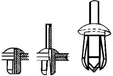 Made in USA - Round Head Nylon Push Mount Blind Rivet - Nylon Mandrel, 0.093" to 0.35" Grip, 0.38" Head Diam, 0.187" Max Hole Diam, 0.45" Length Under Head, 1/8" Body Diam - Top Tool & Supply