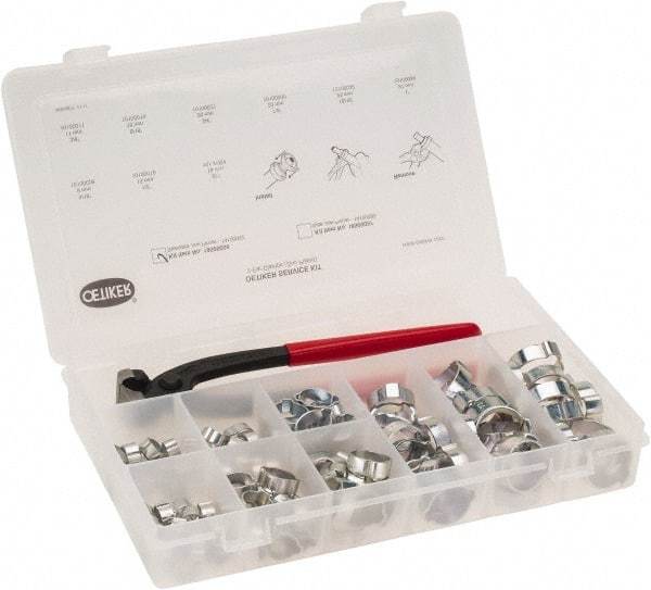 Oetiker - 124 Piece, 5/16 to 1" Diam, 2-Ear Service Clamp Kit - 123 Clamps & 1 Standard Jaw Pincers - Top Tool & Supply