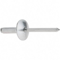 RivetKing - Size 68 Large Flange Dome Head Aluminum Open End Blind Rivet - Aluminum Mandrel, 0.376" to 1/2" Grip, 5/8" Head Diam, 0.192" to 0.196" Hole Diam, 0.7" Length Under Head, 3/16" Body Diam - Top Tool & Supply