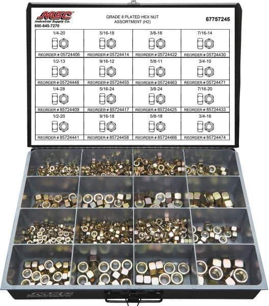 Value Collection - 1/4-20 to 3/4-16 Thread, 765 Piece Alloy Steel Nut Assortment - Grade 8 - Top Tool & Supply