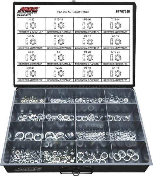 Value Collection - 1/4-20 to 3/4-16 Thread, 425 Piece Steel Nut Assortment - Grade 2 - Top Tool & Supply