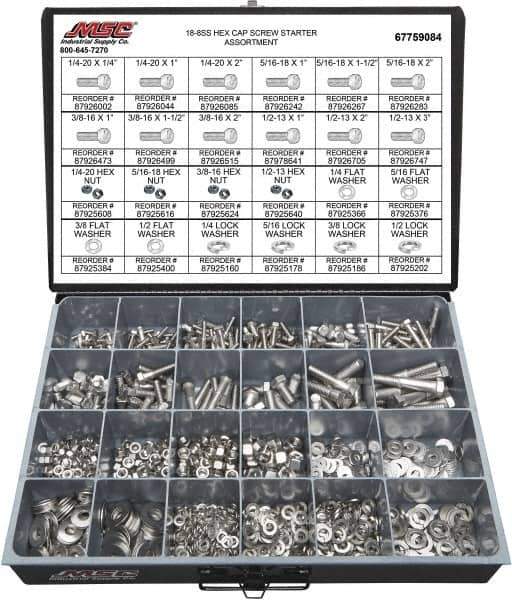 Value Collection - 1,350 Piece Stainless Steel Hex Head Cap Screws - 1/4-20 to 1/2-13 Thread, 18-8 - Top Tool & Supply