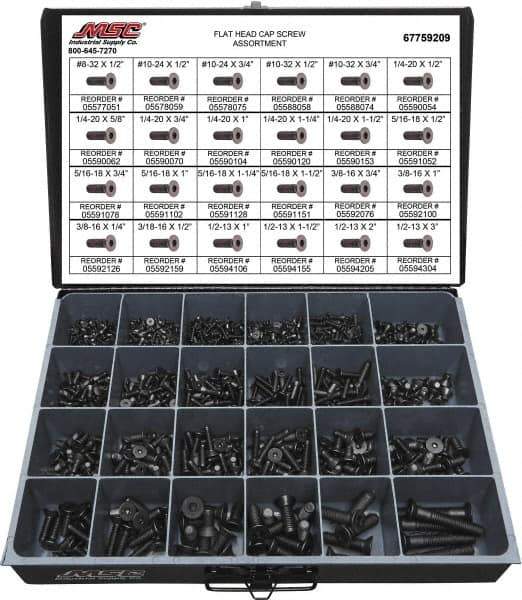 Value Collection - 965 Piece Alloy Steel Flat Head Cap Screws - #8-32 to 1/2-13 Thread - Top Tool & Supply