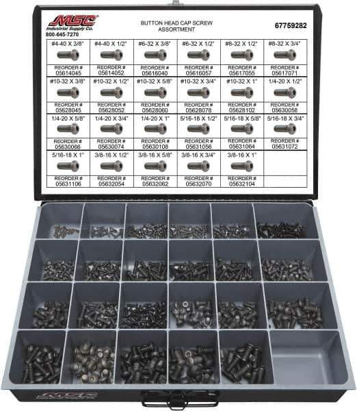 Value Collection - 850 Piece Alloy Steel Button Head Cap Screws - #4-40 to 3/8-16 Thread - Top Tool & Supply