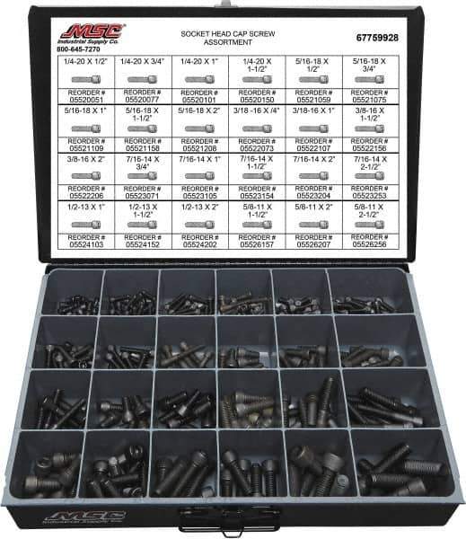 Value Collection - 375 Piece Alloy Steel Socket Head Cap Screws - 1/4-20 to 5/8-11 Thread - Top Tool & Supply