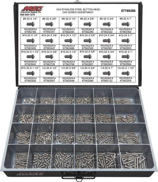 Value Collection - 800 Piece Stainless Steel Button Head Cap Screws - #8-32 to 1/4-20 Thread, 18-8 - Top Tool & Supply