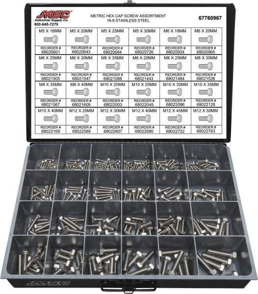 Value Collection - 330 Piece Stainless Steel Hex Head Cap Screws - M5 to M12 Thread, 18-8 - Top Tool & Supply