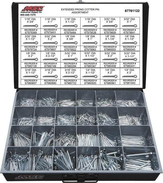 Value Collection - 2,325 Piece, 1/16 to 1/4" Pin Diam, Extended Prong Cotter Pin Assortment - 3/4 to 3" Long, Grade 2 Steel - Top Tool & Supply