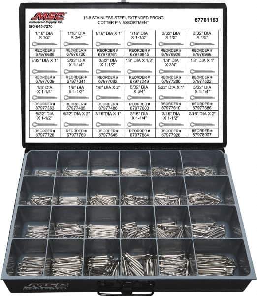 Value Collection - 1,250 Piece, 1/16 to 3/16" Pin Diam, Extended Prong Cotter Pin Assortment - 1/2 to 2" Long, 18-8 Stainless Steel - Top Tool & Supply