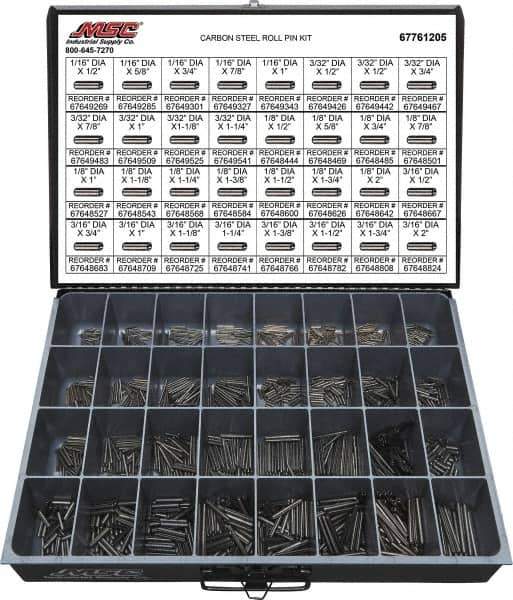 Value Collection - 157 Piece, 1/16 to 3/16" Pin Diam, Spring Pin Assortment - 1/2 to 2" Long, Grade 2 Steel - Top Tool & Supply