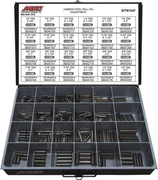 Value Collection - 320 Piece, 1/4 to 1/2" Pin Diam, Spring Pin Assortment - 1-3/4 to 2" Long, Grade 2 Steel - Top Tool & Supply