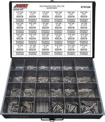 Value Collection - 115 Piece, 1/16 to 5/16" Pin Diam, Dowel Pin Assortment - 1/4 to 2" Long, 402 Stainless Steel - Top Tool & Supply