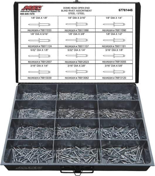 Value Collection - 1,100 Piece, 1/8 to 3/16" Hole Diam, Dome Head, Steel Blind Rivet Assortment - 1/8 to 5/8" Length, Steel Mandrel - Top Tool & Supply