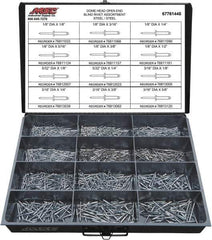 Value Collection - 1,100 Piece, 1/8 to 3/16" Hole Diam, Dome Head, Steel Blind Rivet Assortment - 1/8 to 5/8" Length, Steel Mandrel - Top Tool & Supply