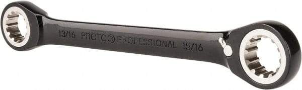 Proto - 13/16" x 15/16" 12 Point Spline Reversible Ratcheting Box Wrench - Double End, 1-13/16" Head Diam x 1/4" Head Thickness, 10-1/4" OAL, Steel, Black Chrome Finish - Top Tool & Supply