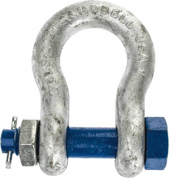 Campbell - 1" Nominal Chain Size, 8.5 Ton Carbon Steel Bolt Anchor Shackle - 1" Diam, 1" Pin Diam, 3-3/4" High x 1-11/16" Wide Inside Jaw, 2-1/2" Inside Width, 2-3/8" Max Body Thickness - Top Tool & Supply