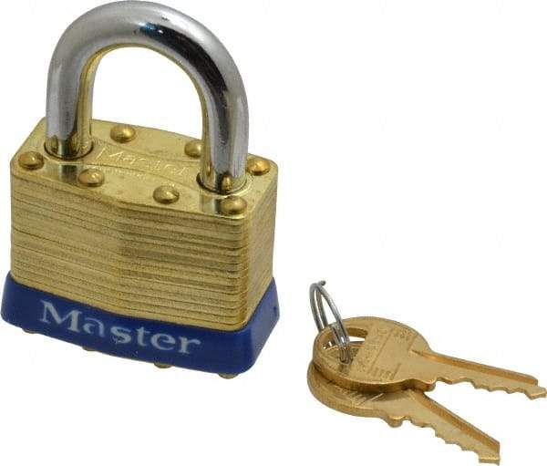 Master Lock - 15/16" Shackle Clearance, Keyed Alike Laminated Brass Padlock - 5/16" Shackle Diam, Brass - Top Tool & Supply