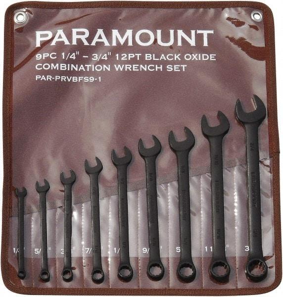 Paramount - 9 Piece, 1/4" to 3/4", 12 Point Combination Wrench Set - Inch Measurement Standard, Black Oxide Finish, Comes in Canvas Roll - Top Tool & Supply