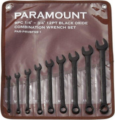 Paramount - 9 Piece, 1/4" to 3/4", 12 Point Combination Wrench Set - Inch Measurement Standard, Black Oxide Finish, Comes in Canvas Roll - Top Tool & Supply