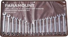 Paramount - 18 Piece, 1/4" to 3/4" (10mm to 18mm), 12 Point Combination Wrench Set - Inch/Metric Measurement Standard, Full Polish Finish, Comes in Canvas Roll - Top Tool & Supply