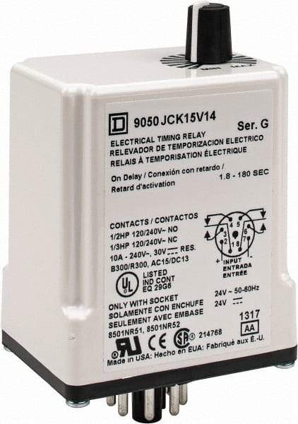 Square D - 8 Pin, 3 min Delay, DPDT Time Delay Relay - 10 Contact Amp, 24 VAC/VDC - Top Tool & Supply